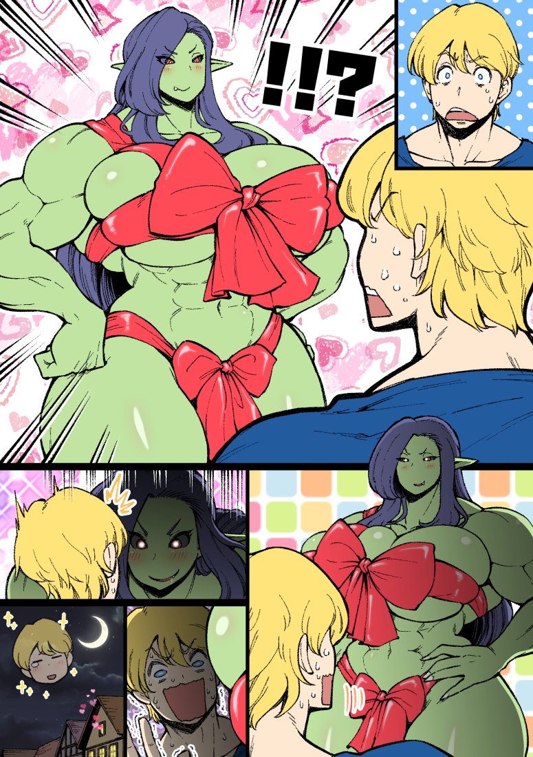 !!? 1boy 1girl abs amano_jack_(paradise_jack) black_sclera blonde_hair breasts comic commentary crescent_moon drooling emphasis_lines fantasy female_orc green_skin hands_on_hips heart hetero huge_breasts long_hair looking_at_another moon muscle muscular_female naked_ribbon navel night original pointy_ears purple_hair red_eyes red_ribbon ribbon silent_comic sweat sweating_profusely trembling valentine you_gonna_get_raped