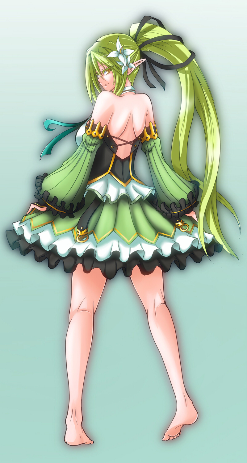 1girl bare_shoulders barefoot detached_sleeves elf elsword eyebrows_visible_through_hair eyelashes flower green_eyes green_hair hair_flower hair_ornament highres kashiru long_hair looking_back pointy_ears rena_(elsword) side_ponytail smile wind_sneaker_(elsword)