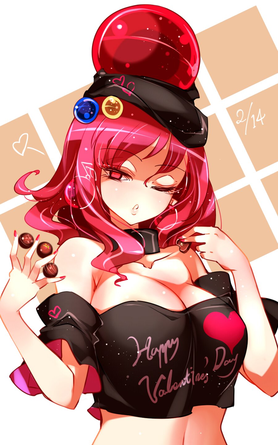 1girl ;o bangs bare_shoulders black_choker black_shirt breasts chocolate chocolate_heart choker cleavage clothes_writing collarbone commentary_request crop_top dated earrings earth_(ornament) eyebrows_visible_through_hair food hair_between_eyes hands_up happy_valentine heart hecatia_lapislazuli highres holding holding_food jewelry large_breasts long_hair looking_at_viewer midriff moon_(ornament) navel no_nose off-shoulder_shirt off_shoulder one_eye_closed parted_lips polos_crown raptor7 red_eyes redhead shirt short_sleeves simple_background solo stomach t-shirt touhou white_background