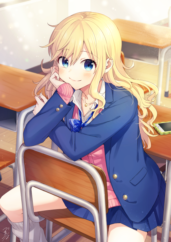 1girl bangs bekkourico blazer blonde_hair blue_bow blue_eyes blue_jacket blue_neckwear blue_skirt blush bow bowtie chair classroom closed_mouth desk eyebrows_visible_through_hair feet_out_of_frame hand_on_own_cheek idolmaster idolmaster_cinderella_girls indoors jacket jewelry leg_warmers long_hair long_sleeves looking_at_viewer loose_bowtie miniskirt necklace on_chair ootsuki_yui pink_cardigan pleated_skirt school_chair school_desk school_uniform signature sitting sitting_backwards skirt sleeves_past_wrists smile solo spread_legs wavy_hair wing_collar
