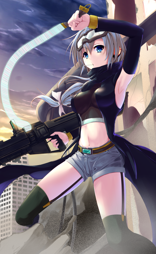 1girl armpits black_legwear black_scarf black_sleeves blue_eyes breasts clouds crop_top day detached_sleeves garter_straps goggles goggles_on_head grey_shorts gun hair_between_eyes holding holding_gun holding_weapon k3rd long_sleeves medium_breasts midriff navel original outdoors rifle scarf short_hair short_shorts shorts silver_hair solo stomach thigh-highs weapon