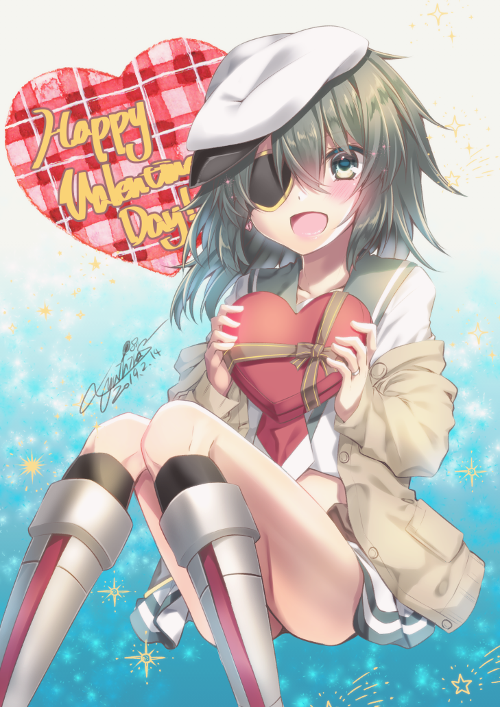 1girl beret blush box eyebrows_visible_through_hair eyepatch green_eyes green_hair hair_between_eyes hair_ornament happy_valentine hat heart-shaped_box kantai_collection kiso_(kantai_collection) long_sleeves open_mouth remodel_(kantai_collection) sailor_hat school_uniform serafuku short_hair sitting yuihira_asu