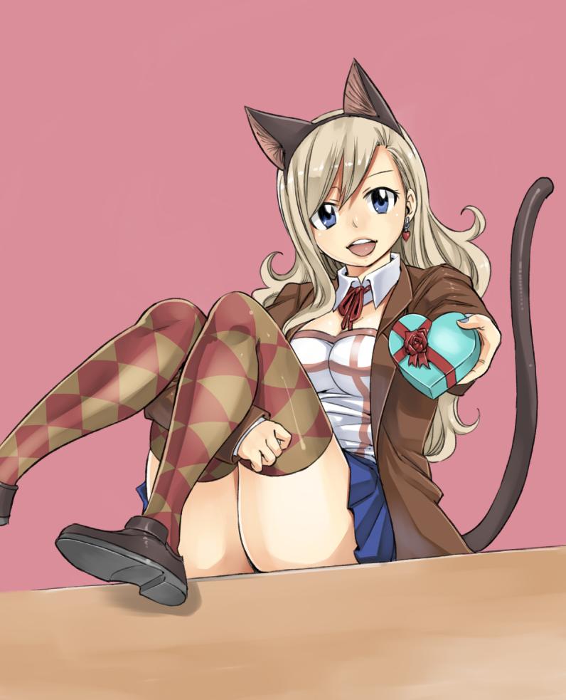 1girl :d animal_ears argyle argyle_legwear black_hairband blonde_hair blue_eyes blue_skirt box breasts brown_footwear brown_jacket cat_ears cat_tail choker cleavage earrings eden's_zero fake_animal_ears full_body hair_between_eyes hairband heart heart-shaped_box heart_earrings holding holding_box jacket jewelry loafers long_hair long_sleeves looking_at_viewer mashima_hiro medium_breasts miniskirt neck_ribbon official_art open_clothes open_jacket open_mouth pink_background pleated_skirt rebecca_(eden's_zero) red_ribbon ribbon shiny shiny_hair shoes simple_background sitting skirt smile solo tail thigh-highs valentine