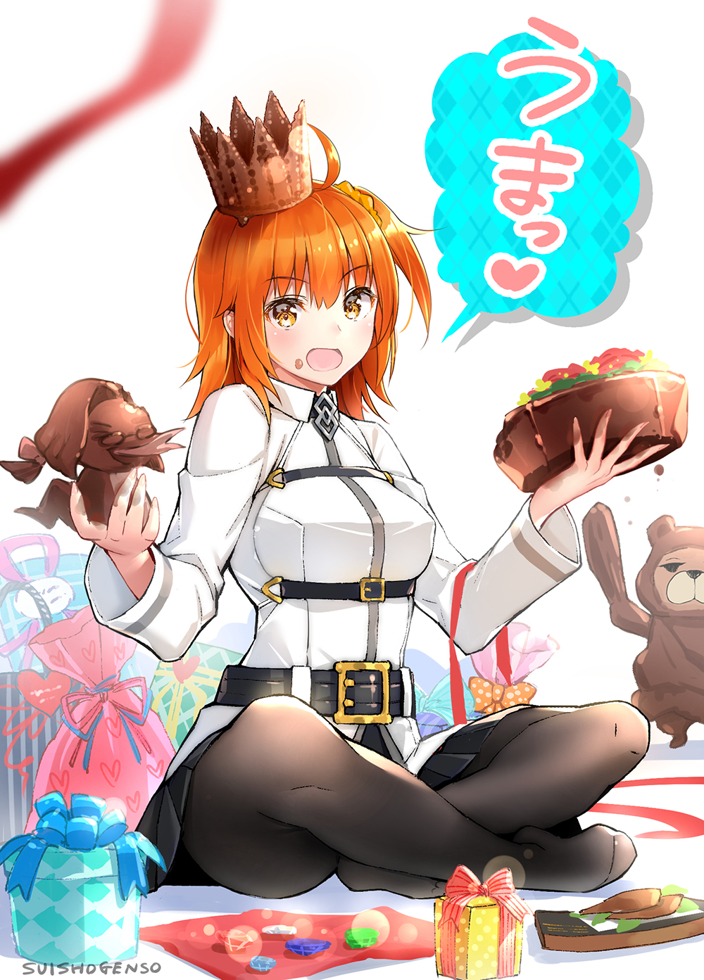1girl :d ahoge animal bangs bear belt belt_buckle black_belt black_legwear black_skirt blush box breasts buckle chaldea_uniform chocolate chocolate_on_face commentary_request crown eyebrows_visible_through_hair fate/grand_order fate_(series) food food_on_face fujimaru_ritsuka_(female) gift gift_box hair_between_eyes hair_ornament hair_scrunchie highres holding holding_food jacket legs_crossed long_sleeves medium_breasts mini_crown no_shoes one_side_up open_mouth orange_eyes orange_hair orange_scrunchie orion_(fate/grand_order) pantyhose plaid pleated_skirt red_ribbon ribbon scrunchie sitting skirt smile solo_focus suishougensou tilted_headwear translated uniform valentine white_jacket