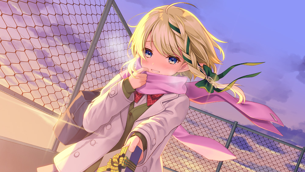 1girl ahoge aria_project_2.0 bag blonde_hair blue_eyes blush bow bowtie box breath buttons chain-link_fence coat commentary_request diffraction_spikes dutch_angle evening fence gift gift_box glint gradient_sky green_cardigan green_ribbon grey_coat grin hair_ornament hair_ribbon hand_up holding holding_box long_hair long_sleeves looking_at_viewer ne-on open_clothes open_coat outdoors outstretched_hand pink_scarf pointy_ears red_neckwear ribbon scarf scarf_pull school_bag senjou_aria sky smile solo standing striped striped_ribbon undershirt valentine virtual_youtuber wing_collar winter_clothes