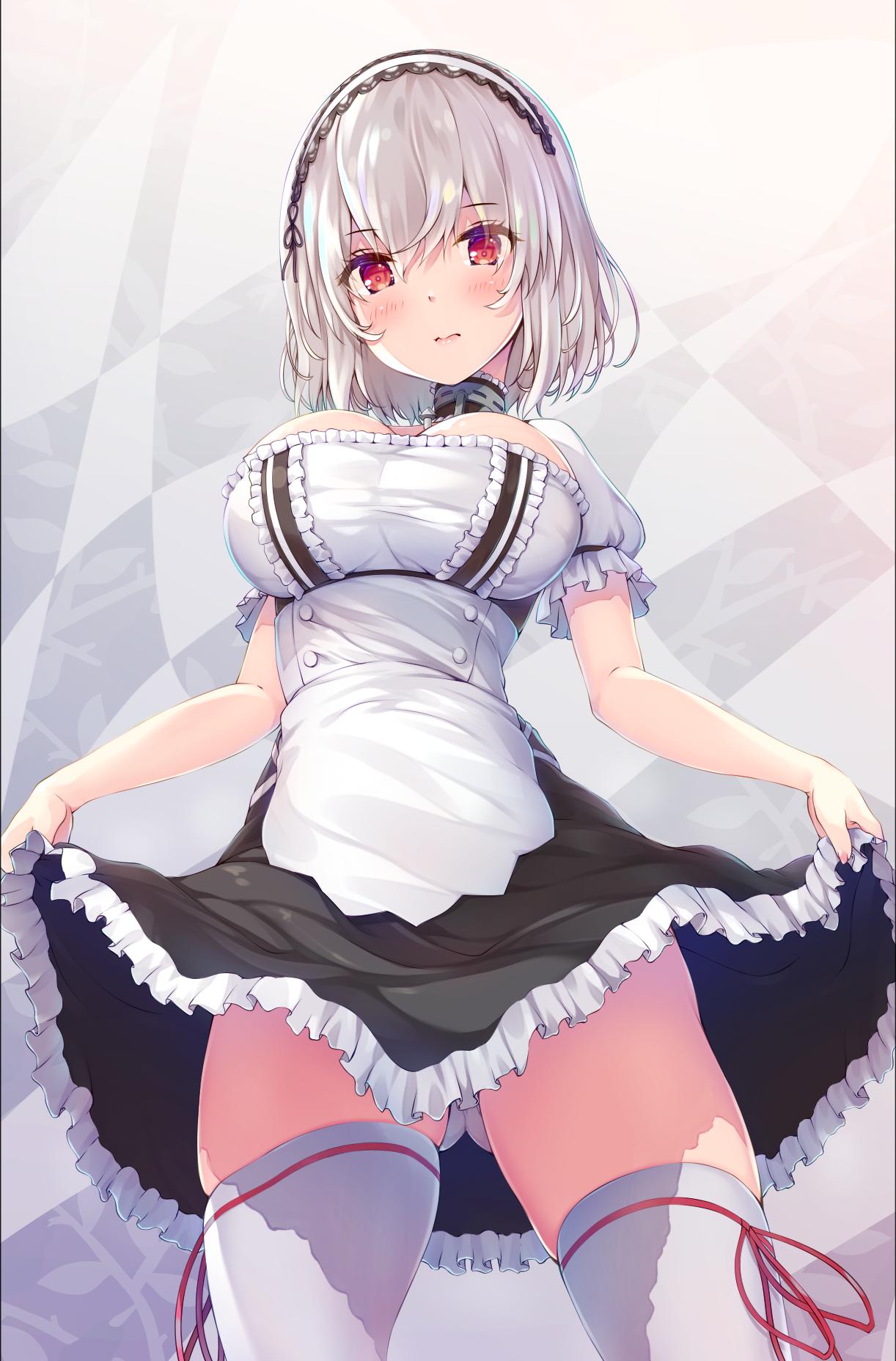 1girl akyorapenyo anchor_choker azur_lane bangs blush breasts choker closed_mouth commentary_request dress dress_lift eyebrows_visible_through_hair eyes_visible_through_hair from_below hair_between_eyes hairband highres lace-trimmed_hairband large_breasts lifted_by_self lips looking_at_viewer looking_down panties pantyshot puffy_sleeves red_eyes red_ribbon ribbon ribbon-trimmed_legwear ribbon_trim short_hair short_sleeves sidelocks silver_hair sirius_(azur_lane) solo standing thigh-highs underwear white_legwear white_panties