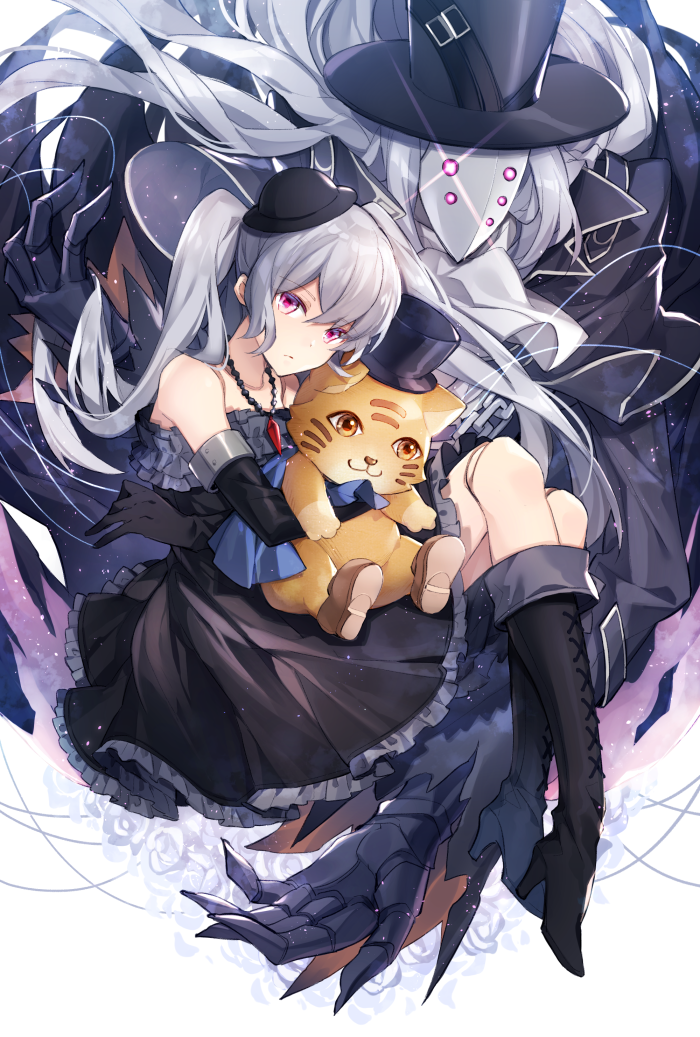 1girl bare_shoulders black_footwear black_gloves boots chains doll_joints dress elbow_gloves expressionless flower frilled_dress frills gloves granblue_fantasy hair_between_eyes hat high_heel_boots high_heels hizuki_miya jewelry knee_boots lloyd_(granblue_fantasy) long_hair looking_at_viewer mini_hat necklace orchis pendant puppet rose silver_hair string stuffed_animal stuffed_cat stuffed_toy top_hat twintails violet_eyes white_flower white_rose