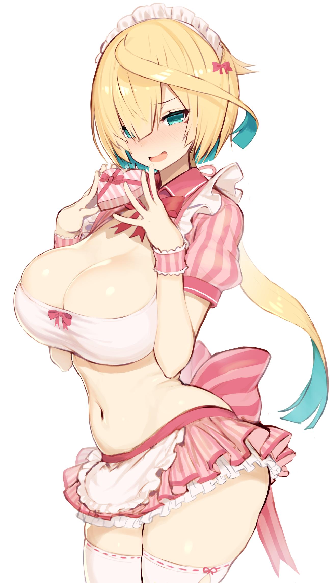 1girl :d apron aqua_eyes aqua_hair blonde_hair blush bow box breasts cleavage collared_shirt commentary_request cowboy_shot crop_top frilled_apron frilled_skirt frills gift gift_box greatmosu hands_up heart-shaped_box highres holding holding_box inaba_gou large_breasts long_hair looking_at_viewer low_ponytail maid maid_apron maid_headdress midriff miniskirt multicolored_hair navel open_mouth pink_bow shirt short_sleeves simple_background skirt smile solo standing stomach striped striped_bow striped_shirt taut_clothes tenka_hyakken thigh-highs two-tone_hair valentine very_long_hair white_apron white_background white_legwear wrist_cuffs zettai_ryouiki