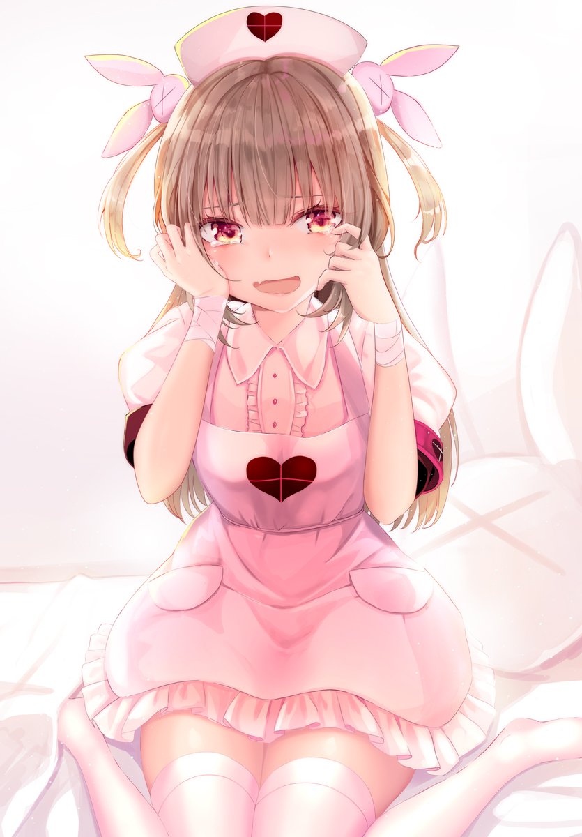 1girl apron armband backlighting bandage bandaged_arm bandages bangs bed_sheet bunny_hair_ornament collared_shirt commentary_request eyebrows_visible_through_hair fang frilled_apron frills hair_ornament hand_on_own_face haruka_natsuki hat heart heart_print highres light_brown_hair long_hair looking_at_viewer natori_sana nurse_cap on_bed open_mouth pink_apron pink_hat puffy_short_sleeves puffy_sleeves red_eyes sana_channel shirt short_sleeves sitting smile solo tearing_up tears thigh-highs two_side_up virtual_youtuber wariza white_legwear wiping_tears