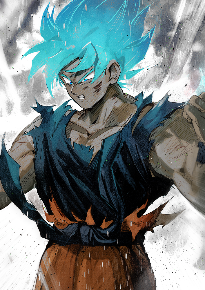 1boy aoki_(fumomo) blue_eyes blue_hair blue_shirt clenched_hands clenched_teeth dirty dirty_clothes dirty_face dougi dragon_ball dragon_ball_super dragonball_z frown looking_down male_focus muscle outstretched_arms shirt short_hair son_gokuu spiky_hair standing super_saiyan_blue teeth torn_clothes upper_body wristband