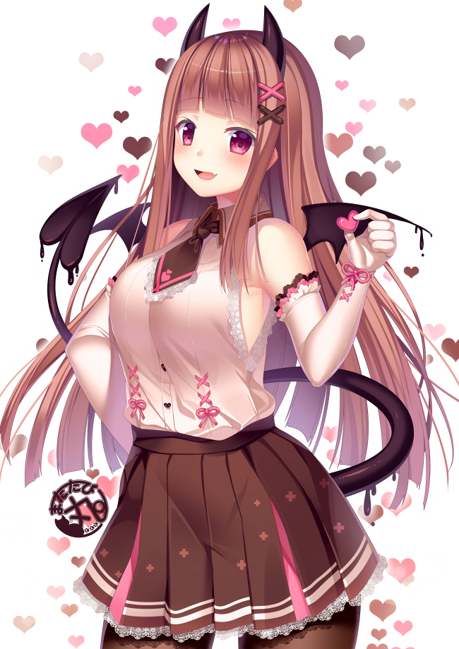 1girl :d armpits bare_shoulders blush breasts brown_hair brown_legwear brown_neckwear brown_skirt collared_shirt commentary_request cowboy_shot demon_girl demon_horns demon_tail demon_wings elbow_gloves fang gloves hair_ornament hand_on_hip hand_up heart holding horns lace lace-trimmed_skirt legs_apart long_hair looking_at_viewer matatabi_maru medium_breasts miniskirt necktie open_mouth original pantyhose pleated_skirt red_eyes shirt shirt_tucked_in short_necktie sidelocks skirt sleeveless sleeveless_shirt smile solo standing tail white_gloves white_shirt wings x_hair_ornament