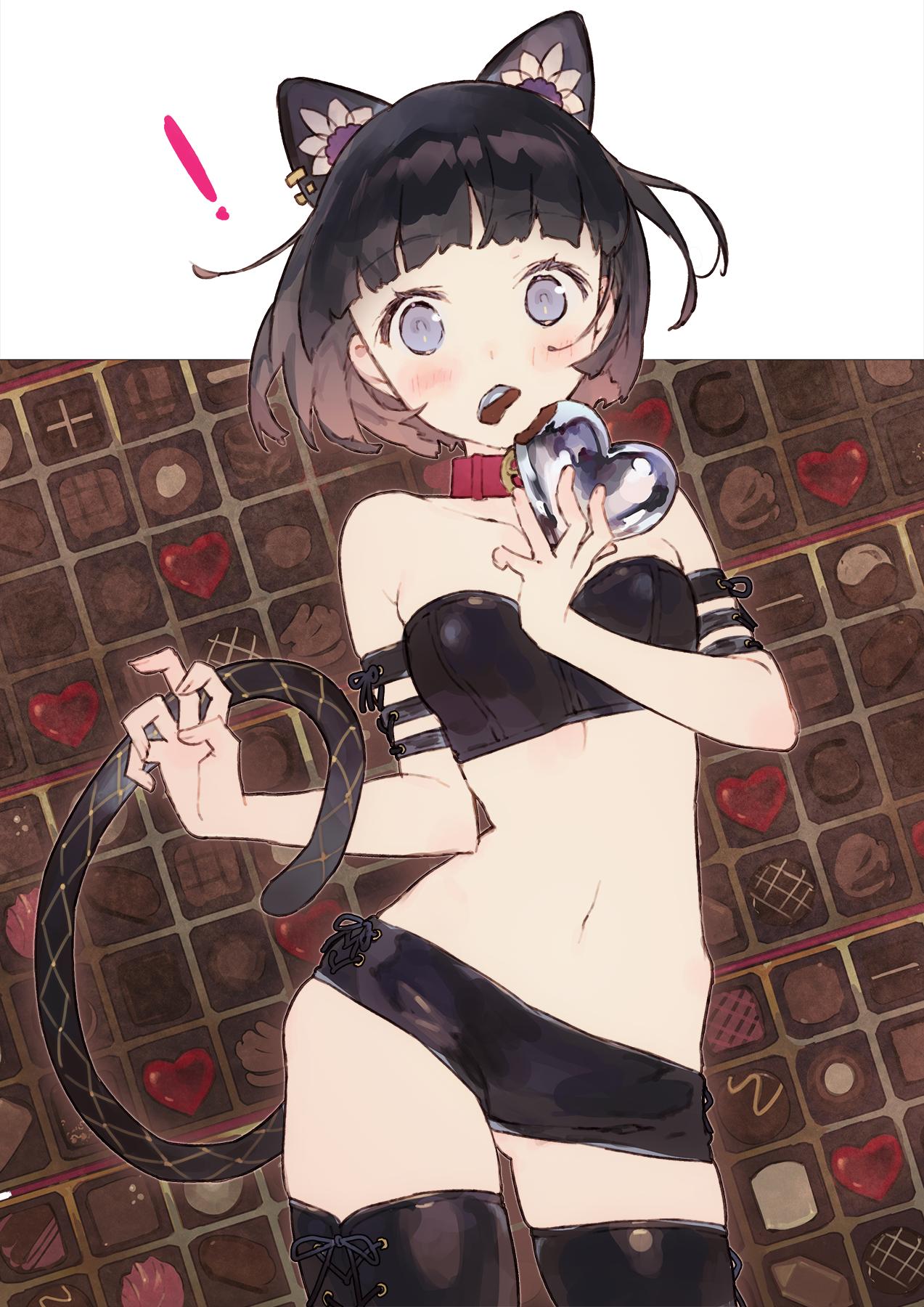 ! 1girl animal_ears bangs black_hair blush boots cat_ears cat_tail chocolate chocolate_heart choker crop_top ear_piercing eating grey_eyes heart highres looking_at_viewer noco_(adamas) original patterned_background piercing red_choker short_hair short_shorts shorts surprised tail thigh-highs thigh_boots