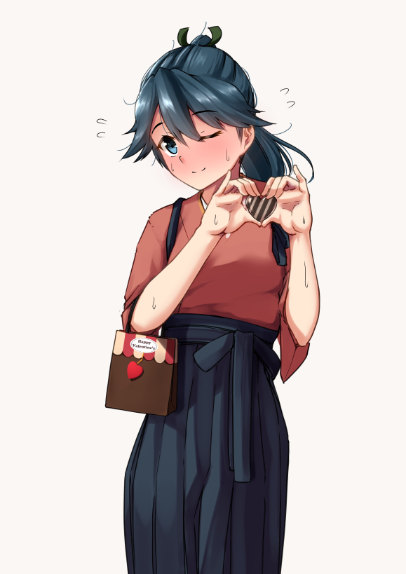 blue_eyes blue_hair blue_hakama blush box hakama heart heart-shaped_box heart_hands houshou_(kantai_collection) japanese_clothes kantai_collection kimono nori_senbei_(norisenbei_1) one_eye_closed pink_kimono ponytail sweat tasuki valentine