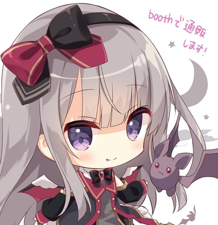1girl animal bangs bat black_bow black_hairband black_jacket blush bow chibi closed_mouth commentary_request dress eyebrows_visible_through_hair fang fang_out grey_dress grey_hair hair_between_eyes hairband hoshi_(snacherubi) jacket long_hair long_sleeves original puffy_long_sleeves puffy_sleeves red_bow red_wings simple_background sleeves_past_wrists smile solo star very_long_hair violet_eyes white_background wings