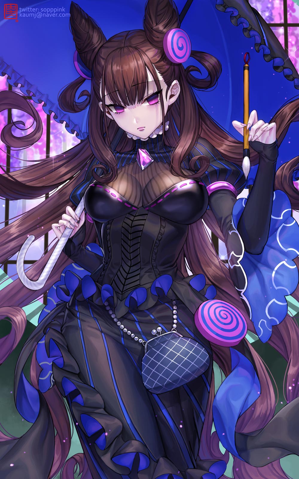 1girl bag bangs black_dress black_hair box_(hotpppink) breasts calligraphy_brush double_bun dress eyebrows_visible_through_hair fate/grand_order fate_(series) hair_ornament handbag highres long_hair looking_at_viewer murasaki_shikibu_(fate) paintbrush sleeves_past_wrists solo umbrella very_long_hair violet_eyes