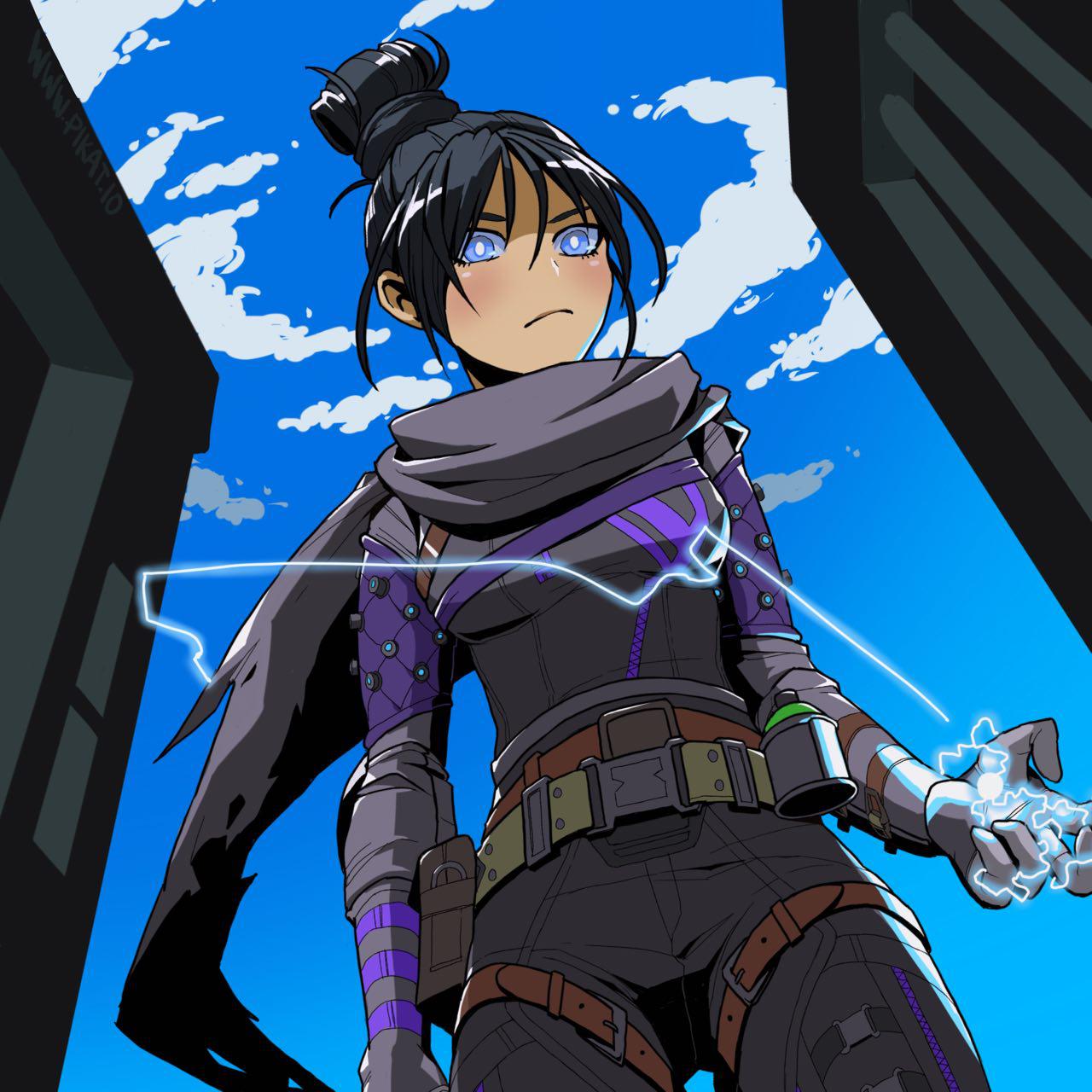 1girl apex_legends arm_at_side belt belt_buckle biribiri black_bodysuit black_hair blue_eyes blue_sky bodysuit breasts buckle building closed_eyes commentary day electricity from_below grey_scarf hair_between_eyes hair_bun highres medium_breasts ninja outdoors scarf short_hair sidelocks sky small_breasts solo thigh_strap utility_belt watermark web_address wraith_(apex_legends) zipper