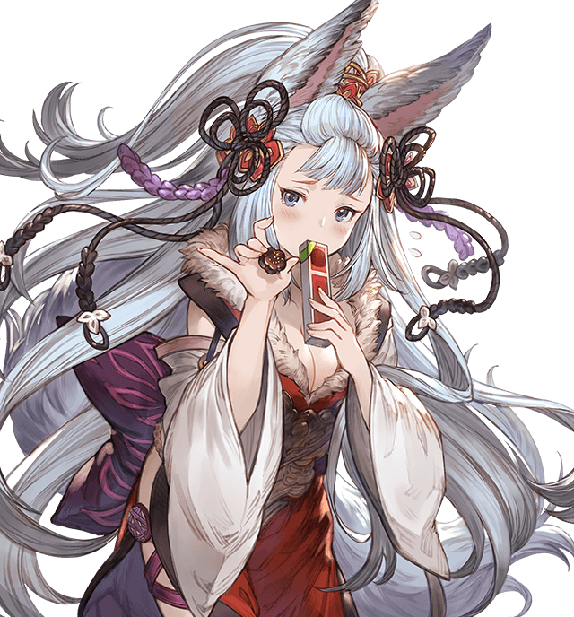 1girl animal_ears blue_eyes chocolate detached_sleeves fox_ears fox_girl fox_tail fur_trim granblue_fantasy hair_ornament long_hair minaba_hideo official_art silver_hair socie_(granblue_fantasy) tail very_long_hair