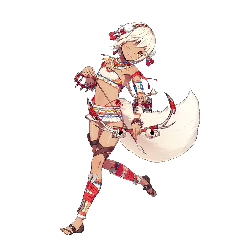 1girl armlet arrow badam bow bow_(weapon) braid brown_footwear dark_skin flat_chest hair_ornament headband hitsuji_chronicle holding holding_bow_(weapon) holding_weapon jewelry long_hair midriff necklace official_art one_eye_closed red_eyes sandals shin_guards skull solo standing standing_on_one_leg tail tongue tongue_out transparent_background weapon white_hair