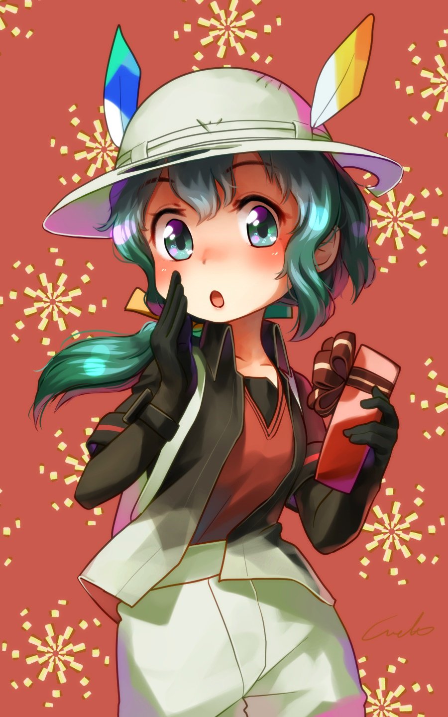 1girl black_hair blue_eyes chocolate chocolate_heart collarbone commentary_request elbow_gloves eyebrows_visible_through_hair gloves green_hair hair_tie hat_feather heart helmet highres jacket kaban_(kemono_friends) kemono_friends long_hair multicolored_hair pith_helmet ponytail short_sleeves shorts solo spoilers watch watch welt_(kinsei_koutenkyoku)