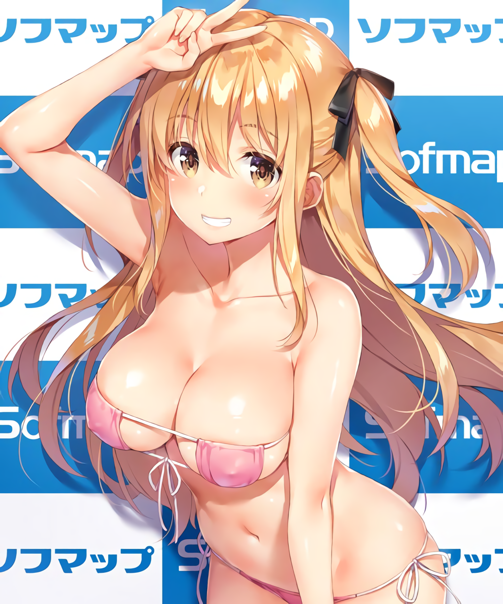 1girl arm_up armpits bare_arms bare_shoulders bikini blush bow bowtie breasts brown_eyes brown_hair cleavage collarbone covered_nipples eyepatch_bikini fingernails front-tie_bikini front-tie_top hair_bow highres large_breasts leaning_forward long_hair looking_at_viewer navel original parted_lips pink_bikini shadow shiny shiny_clothes shiny_hair shiny_skin short_twintails side-tie_bikini sidelocks smile sofmap_background solo step_and_repeat stomach swimsuit teeth twintails v yuuki_hagure