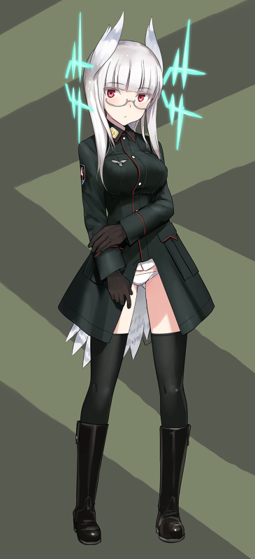 1girl animal_ears ass_visible_through_thighs black_legwear boots breasts full_body glasses gloves heidimarie_w_schnaufer hirschgeweih_antennas magic military military_uniform panties red_eyes shimada_fumikane socks solo standing strike_witches tail thigh-highs underwear uniform white_hair world_witches_series