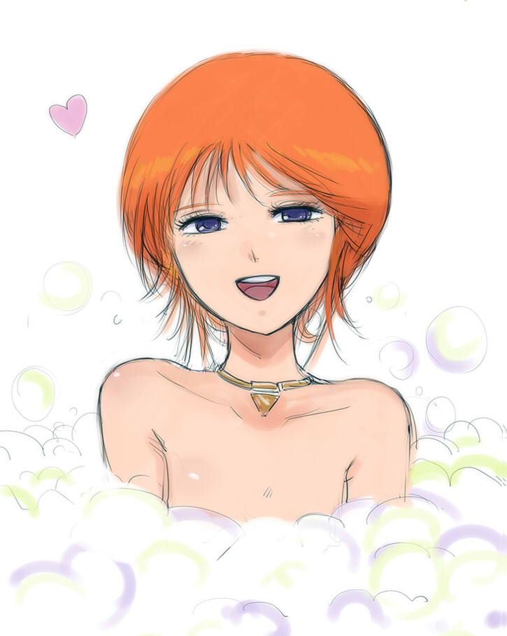 1girl :d bare_shoulders blue_eyes brown_hair collarbone elpeo_puru flat_chest gacha-m gundam gundam_zz heart jewelry looking_at_viewer necklace nude open_mouth portrait short_hair simple_background sketch smile soap solo white_background