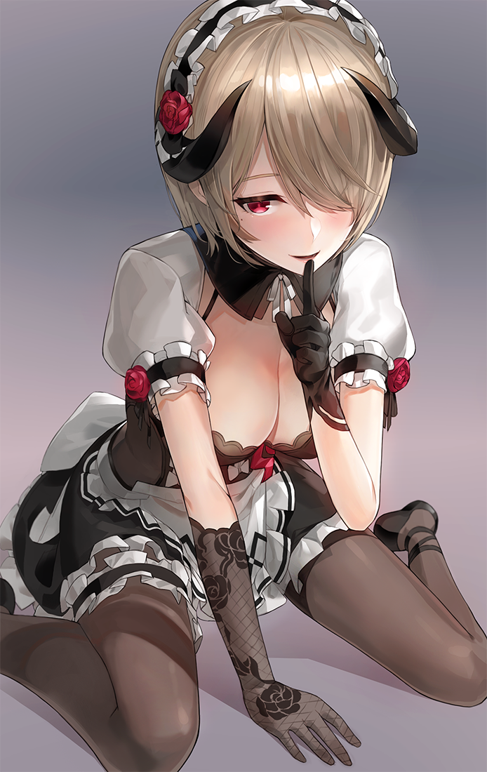 1girl arm_support black_gloves blush breasts cleavage collarbone dress finger_to_mouth flower frills gloves hair_over_one_eye honkai_(series) honkai_impact_3 horns kfr leaning_forward looking_at_viewer maid maid_headdress open_mouth pantyhose puffy_short_sleeves puffy_sleeves red_eyes red_flower red_rose rita_rossweisse rose shoes short_hair short_sleeves shushing sitting smile solo thighband_pantyhose wariza