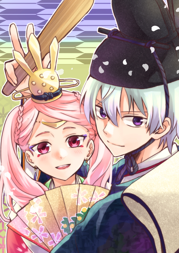 1boy 1girl :d bangs bekkourico black_hat blue_kimono braid earrings fang floating_hair hair_between_eyes hat holding japanese_clothes jewelry kakumeiki_valvrave kimono l-elf lieselotte_w_dorssia long_hair looking_at_viewer makeup mascara open_mouth parted_bangs pink_hair red_eyes silver_hair smile twintails upper_body violet_eyes w