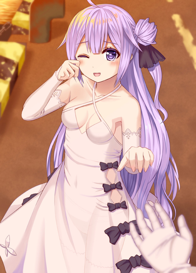 1girl ;d ahoge azur_lane bangs bare_shoulders black_bow black_ribbon blurry blurry_background blush bow collarbone commentary_request covered_navel criss-cross_halter detached_sleeves dress eyebrows_visible_through_hair fingernails gloves hair_between_eyes hair_bun hair_ribbon halterneck happy_tears long_hair long_sleeves looking_at_viewer navel one_eye_closed one_side_up open_mouth out_of_frame outdoors pov pov_hands purple_hair revision ribbon see-through side_bun smile solo_focus sunset tears tsukino_neru unicorn_(azur_lane) very_long_hair violet_eyes white_dress white_gloves white_sleeves wiping_tears