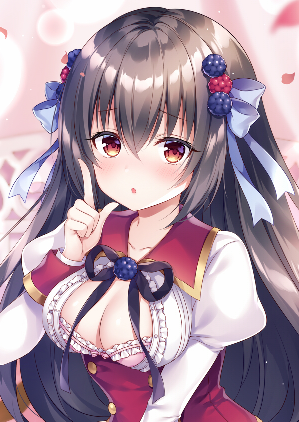 1girl :o bangs black_hair blackberry-chan blackberry_hair_ornament blurry bra breasts buttons closed_mouth collarbone food_themed_hair_ornament frilled_shirt frills hair_between_eyes hair_ornament hair_ribbon hand_up index_finger_raised juliet_sleeves long_sleeves looking_at_viewer medium_breasts mitsuba_choco original parted_lips petals pink_bra puffy_sleeves raspberry_hair_ornament red_eyes ribbon shirt solo unbuttoned unbuttoned_shirt underwear upper_body white_ribbon white_shirt