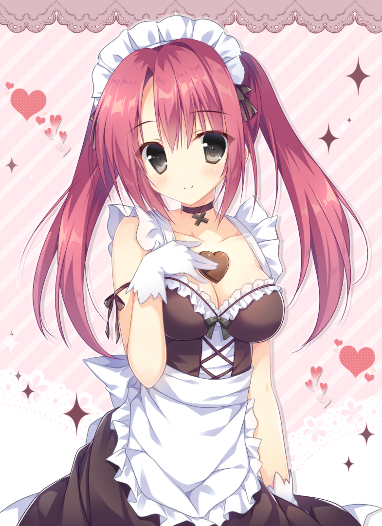 1girl apron bare_shoulders blush breasts brown_choker brown_dress chocolate chocolate_heart choker closed_mouth commentary_request diagonal-striped_background diagonal_stripes dress frilled_apron frills gloves grey_hair heart lace_border long_hair maid maid_headdress medium_breasts original pimopi pink_background redhead sleeveless sleeveless_dress smile solo sparkle striped striped_background twintails valentine waist_apron white_apron white_gloves