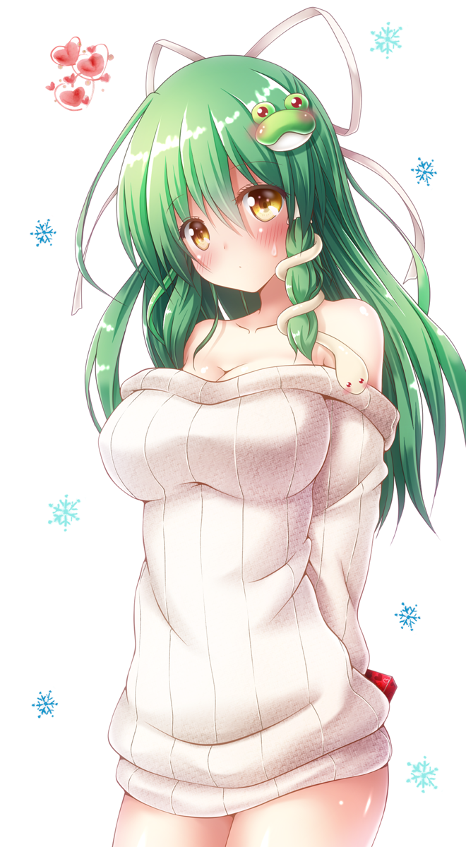 1girl arms_behind_back bare_shoulders blush box breasts cleavage collarbone eyebrows_visible_through_hair frog_hair_ornament gift gift_box green_hair hair_between_eyes hair_ornament hair_ribbon heart highres holding holding_box kochiya_sanae large_breasts long_hair looking_at_viewer no_pants off-shoulder_sweater osashin_(osada) ribbed_sweater ribbon simple_background snake_hair_ornament snowflakes solo sweater touhou white_background white_ribbon white_sweater yellow_eyes