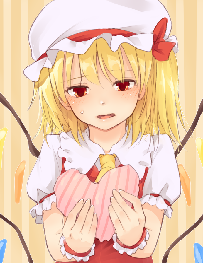 1girl ascot bangs blonde_hair blush bow commentary_request crystal diagonal_stripes eyebrows_visible_through_hair flandre_scarlet frilled_shirt_collar frills hat hat_bow heart holding looking_at_viewer miyo_(ranthath) mob_cap one_side_up open_mouth puffy_short_sleeves puffy_sleeves red_bow red_eyes red_vest shirt short_hair short_sleeves solo striped striped_background sweat touhou upper_body vertical-striped_background vertical_stripes vest white_hat white_shirt wings wrist_cuffs yellow_background yellow_neckwear
