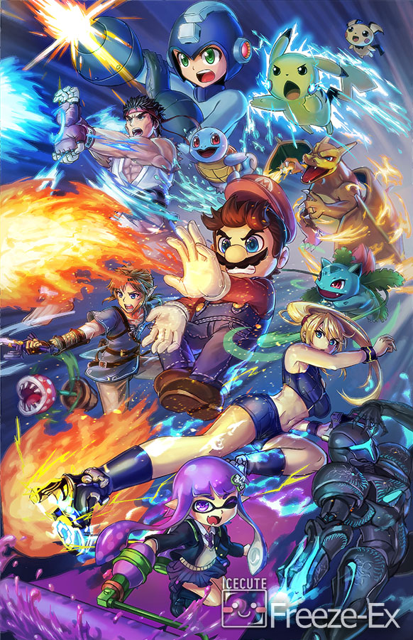 3girls 4boys arm_cannon big_nose black_hair charizard claws creatures_(company) crop_top dark_samus dougi electricity facial_hair fangs fingerless_gloves fire flying_kick freeze-ex game_freak gen_1_pokemon gen_2_pokemon gloves hadouken hat headband ink inkling ivysaur kicking link mario super_mario_bros. metroid metroid_prime multiple_boys multiple_girls mustache nintendo overalls pichu pikachu piranha_plant pointy_ears pokemon ponytail purple_hair rockman rockman_(character) rockman_(classic) ryuu_(street_fighter) samus_aran school_uniform skirt splat_roller_(splatoon) splatoon_(series) squirtle strap street_fighter super_mario_bros. super_smash_bros. super_smash_bros._ultimate sword tentacle_hair the_legend_of_zelda the_legend_of_zelda:_breath_of_the_wild toned water weapon