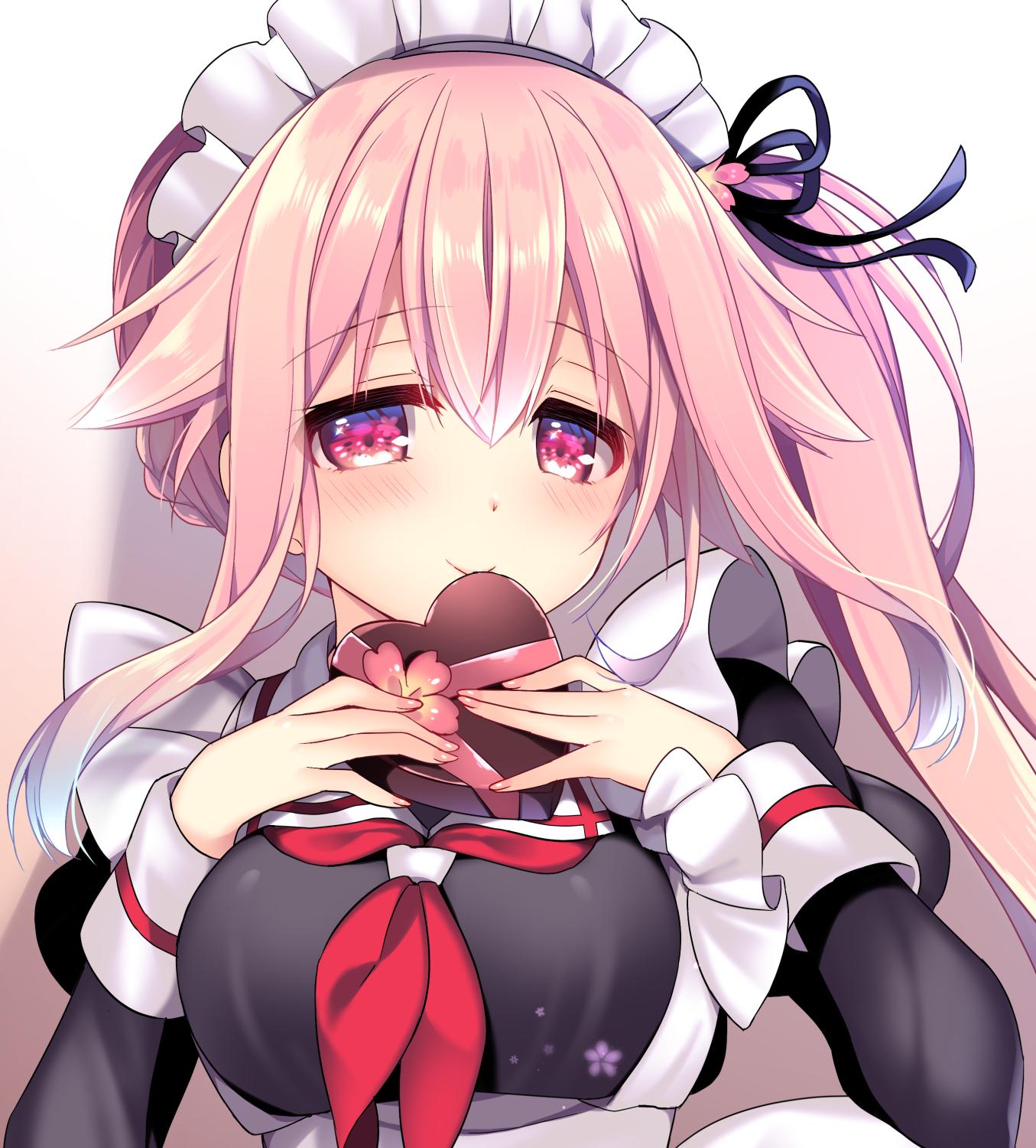 1girl alternate_costume bangs blush box breasts enmaided eyebrows_visible_through_hair gift hair_between_eyes hair_flaps hair_ornament harusame_(kantai_collection) heart heart-shaped_box highres holding holding_gift kantai_collection long_sleeves looking_at_viewer maid maid_headdress medium_breasts neckerchief pink_eyes pink_hair red_neckwear ringo_sui side_ponytail sidelocks solo valentine