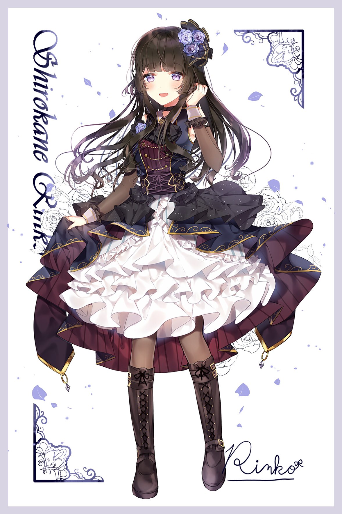 1girl bang_dream! bangs black_hair black_legwear blush boots choker flower full_body hair_ornament hand_in_hair highres lolita_fashion long_hair looking_at_viewer open_mouth rose shirokane_rinko simple_background smile standing taya_5323203 violet_eyes white_background