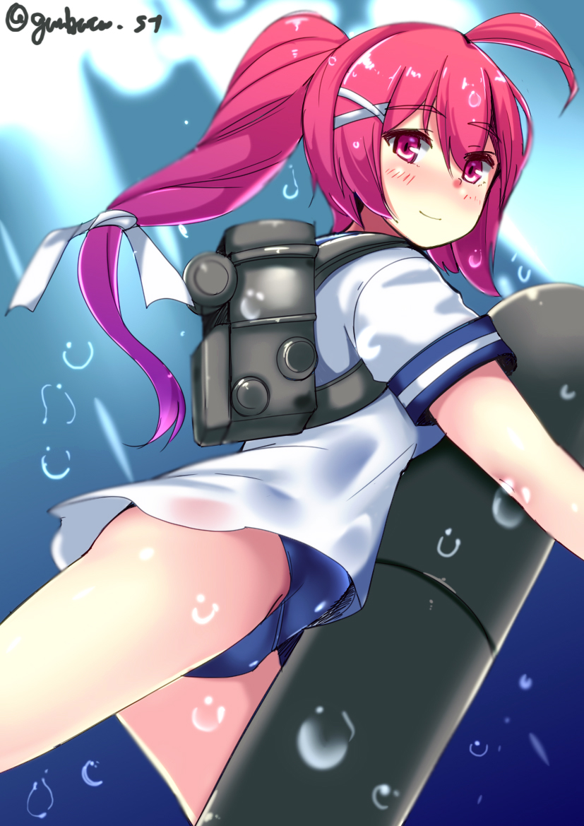 1girl air_bubble backpack bag blue_swimsuit blush breasts bubble chirashi_(so) cowboy_shot day diving eyebrows_visible_through_hair hair_between_eyes hair_ornament hair_ribbon i-168_(kantai_collection) kantai_collection long_hair looking_at_viewer machinery ocean one-piece_swimsuit pink_eyes ponytail redhead ribbon rigging school_swimsuit school_uniform serafuku short_sleeves small_breasts solo submerged sunlight swimming swimsuit swimsuit_under_clothes torpedo twitter_username underwater white_ribbon