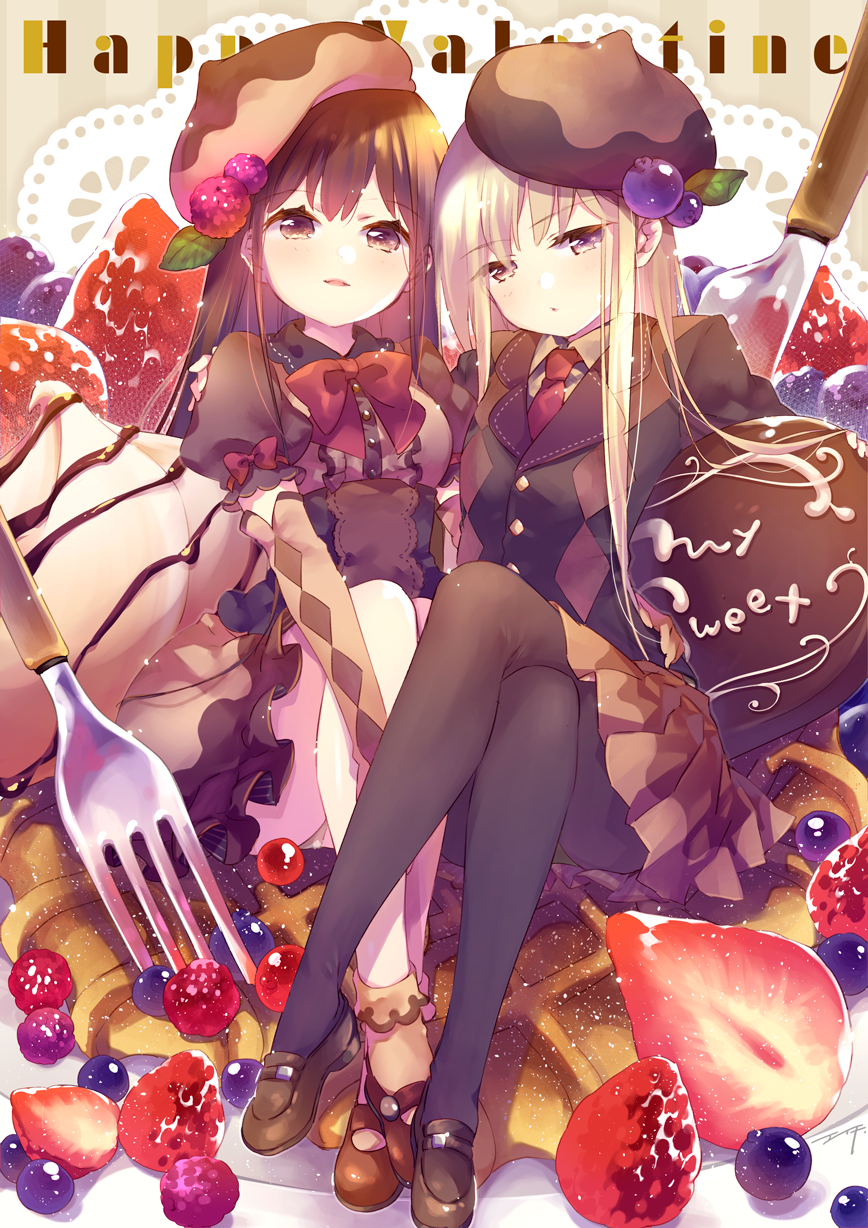 2girls bangs black_legwear blazer blueberry blueberry_hair_ornament blush bow brown_dress brown_eyes brown_footwear brown_gloves brown_hair brown_hat brown_jacket buttons center_frills chocolate collared_shirt commentary_request dark_skin dress ech elbow_gloves eyebrows_visible_through_hair food food_themed_hair_ornament fork fruit full_body gloves hair_between_eyes hair_ornament hat highres jacket knife legs_crossed loafers long_hair looking_at_viewer mary_janes multiple_girls necktie open_mouth original oversized_object panties panties_under_pantyhose pantyhose parted_lips raspberry_hair_ornament red_bow red_neckwear shirt shoes short_sleeves silver_hair sitting skirt smile strawberry underwear valentine violet_eyes white_shirt