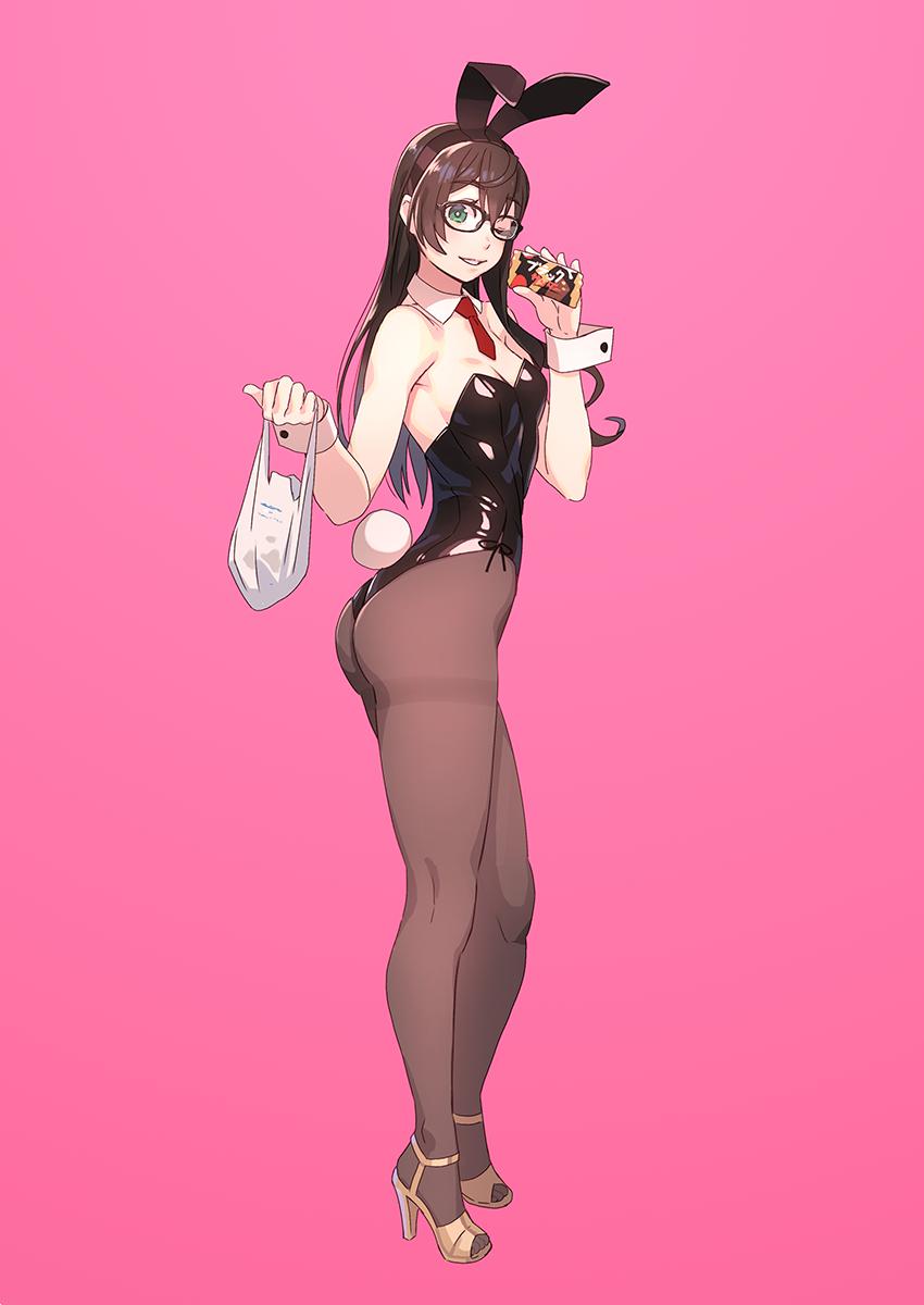 1girl alternate_costume animal_ears ass bag bangs bare_shoulders black_leotard blush breasts brown_hair brown_legwear bunny_girl bunny_tail bunnysuit cleavage closed_mouth commentary_request detached_collar eyebrows_visible_through_hair fake_animal_ears full_body glasses green_eyes hair_between_eyes high_heels highres holding kantai_collection leotard long_hair looking_at_viewer one_eye_closed ooyodo_(kantai_collection) pantyhose plastic_bag rabbit_ears simple_background small_breasts smile solo standing strapless strapless_leotard tail thighband_pantyhose wrist_cuffs yuuji_(and)