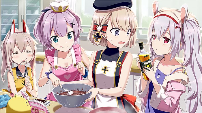 4girls alcohol animal_ears apron ayanami_(azur_lane) azur_lane bangs blush bow breasts camisole chocolate cleavage commentary_request cooking eyebrows_visible_through_hair fake_animal_ears food gochou_(atemonai_heya) hair_between_eyes hair_bow hair_ornament hairband hat headgear high_ponytail iron_cross jacket javelin_(azur_lane) laffey_(azur_lane) long_hair marshmallow multiple_girls open_clothes open_jacket open_mouth ponytail purple_hair rabbit_ears red_hairband short_hair silver_hair sleeveless smile surprised z23_(azur_lane)