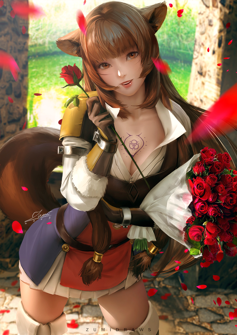 1girl animal_ear_fluff animal_ears bangs banned_artist blush bouquet breasts brown_hair cleavage collarbone day eyebrows_visible_through_hair flower hair_between_eyes holding holding_bouquet holding_flower long_hair long_sleeves looking_at_viewer open_mouth petals raccoon_ears raccoon_girl raccoon_tail raphtalia red_eyes red_flower red_lips red_rose rose sidelocks slave_tattoo smile solo tail tate_no_yuusha_no_nariagari tattoo very_long_hair wind zumi_(zumidraws)