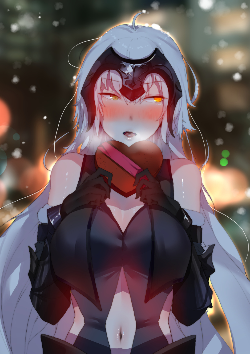 1girl ahoge armor armored_dress bangs bare_shoulders black_dress black_gloves blurry blurry_background blush breasts chocolate chocolate_heart cleavage dress eyebrows_visible_through_hair fate/grand_order fate_(series) fur_trim gloves headpiece heart highres jeanne_d'arc_(alter)_(fate) jeanne_d'arc_(fate)_(all) large_breasts long_hair navel short_hair silver_hair valentine yellow_eyes yueqin_(monnpiano)