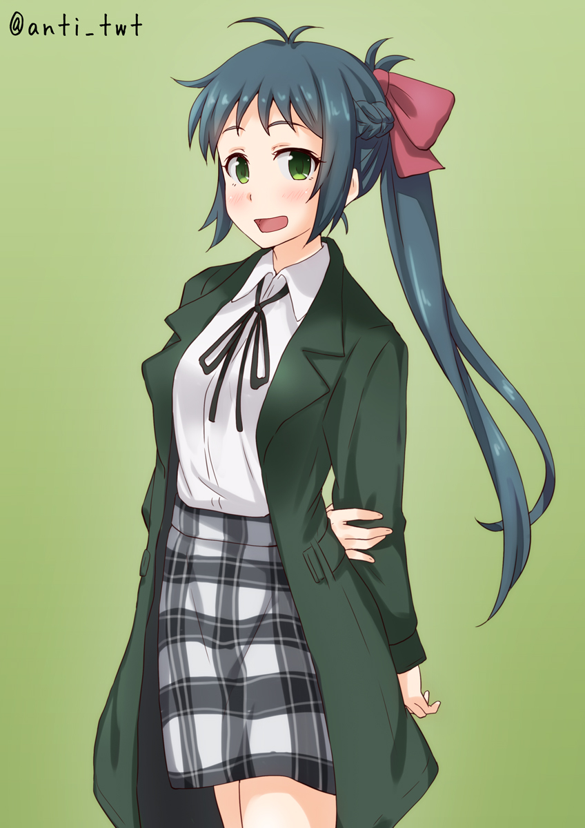 1girl alternate_costume anti_(untea9) arms_behind_back bow commentary_request cowboy_shot gradient gradient_background green_background green_coat green_eyes green_hair green_ribbon hair_bow highres irako_(kantai_collection) kantai_collection long_hair looking_at_viewer neck_ribbon open_mouth plaid plaid_skirt ponytail red_bow ribbon shirt skirt solo standing twitter_username white_shirt