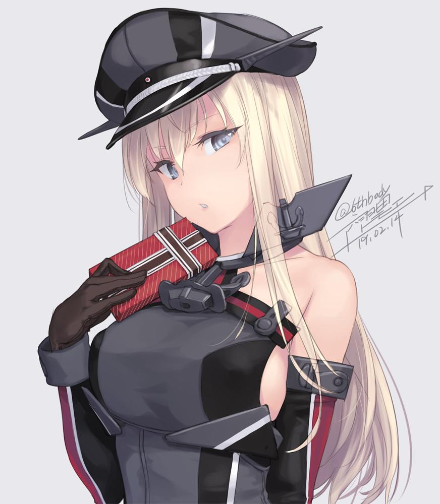 1girl bangs bare_shoulders bismarck_(kantai_collection) blonde_hair blue_eyes breasts choker dated detached_sleeves gift gloves grey_background hair_between_eyes hat holding holding_gift kantai_collection large_breasts long_hair looking_at_viewer military military_hat military_uniform parted_lips peaked_cap rokuwata_tomoe sidelocks signature simple_background solo twitter_username uniform