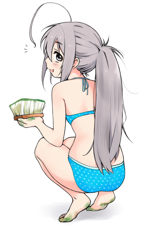 1girl ahoge arm_up barefoot bikini blue_bikini braid from_behind full_body grey_eyes grey_hair holding holding_brush hoshi_shouko idolmaster idolmaster_cinderella_girls long_hair moru_(monaka) no_braid open_mouth paint_stains polka_dot polka_dot_bikini ponytail profile solo squatting swimsuit very_long_hair white_polka_dots