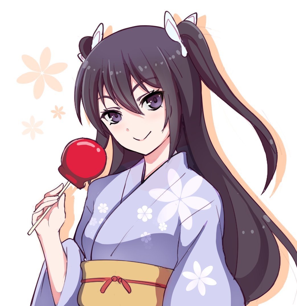 1girl ameno_hibari_(yuragisou_no_yuuna-san) arm_up bangs blue_eyes blue_hair blue_kimono candy_apple closed_mouth cowboy_shot double_bun eyebrows_visible_through_hair floral_background floral_print food grey_ribbon hair_ribbon holding holding_food japanese_clothes kimono long_hair long_sleeves looking_at_viewer obi ribbon rishi_(ugati028) sash shuriken_hair_ornament sidelocks smile solo upper_body very_long_hair yellow_sash yuragisou_no_yuuna-san