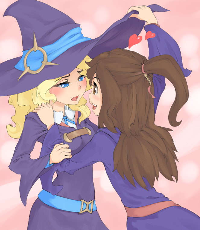 2girls blonde_hair blue_eyes blush brown_hair couple diana_cavendish eye_contact happy hat heart kagari_atsuko little_witch_academia looking_at_another multiple_girls pink_background red_eyes rilliant simple_background smile witch_hat yuri