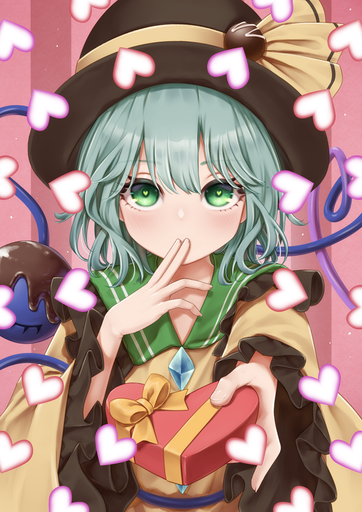 1girl bangs black_hat blush box chocolate commentary_request dtvisu eyebrows_visible_through_hair eyelashes finger_to_mouth frilled_shirt_collar frilled_sleeves frills green_eyes green_hair hair_between_eyes hand_up hat hat_ribbon heart heart-shaped_box heart-shaped_pupils holding holding_box komeiji_koishi long_sleeves looking_at_viewer pink_background ribbon solo striped striped_background symbol-shaped_pupils third_eye touhou upper_body vertical-striped_background vertical_stripes wide_sleeves yellow_ribbon