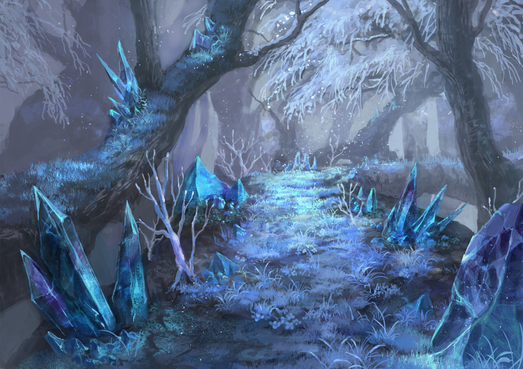 blue crystal fantasy floating fog forest grass nature no_humans original outdoors path pippi_(pixiv_1922055) road scenery snowing tree winter