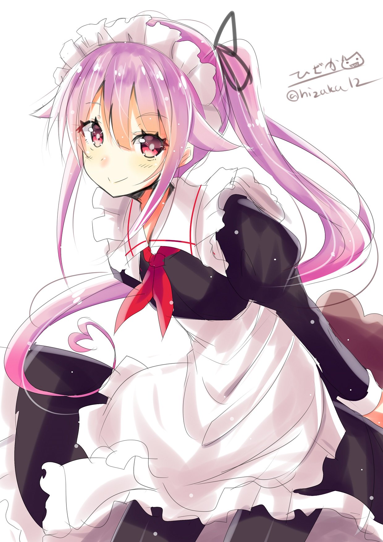 1girl alternate_costume apron black_dress dress eyebrows_visible_through_hair frills gradient_hair hair_between_eyes hair_flaps harusame_(kantai_collection) highres hizaka kantai_collection looking_at_viewer maid maid_apron maid_headdress multicolored_hair pink_hair red_eyes ribbon side_ponytail simple_background white_background